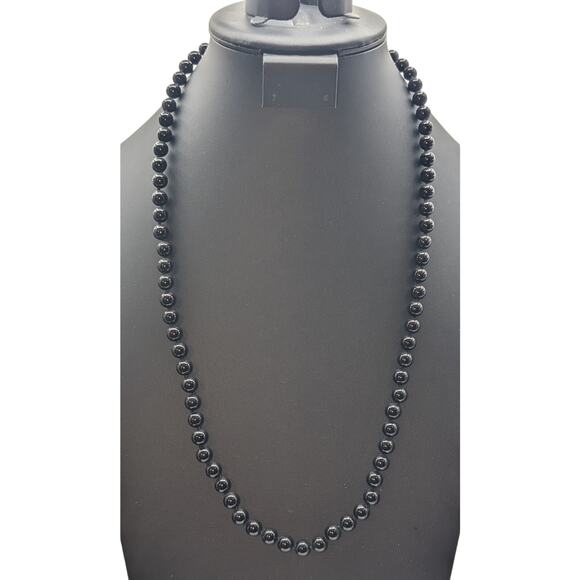 8mm Black Stone Beaded Hand Knotted Necklace 925 Vermeil Chinese Symbol Clasp - Picture 5 of 6